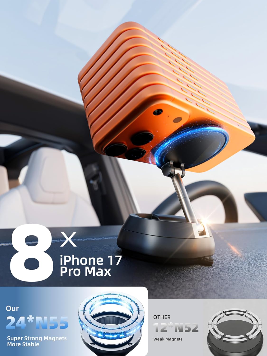 MagSafe Car Mount – Vacuum Suction Cup Phone Holder with Strong Magnet for Dashboard, Windshield, Desk & Gym, Magnetic Phone Mount for iPhone 17/16/15/14 Pro Max (Includes Metal Ring)