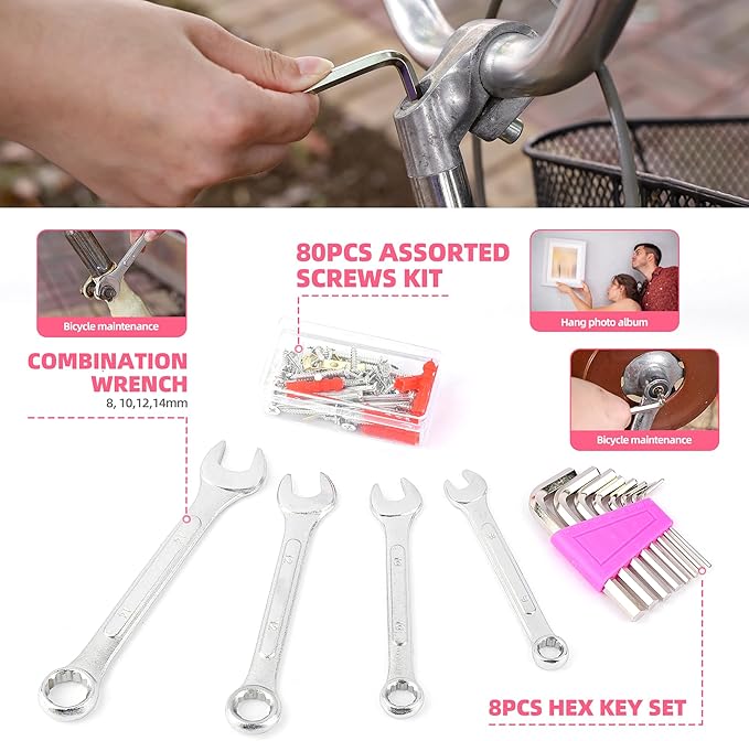 URASISTO 125 PCS Pink Household Tool Set, Pink Ladies Basic House DIY Toolkit Set for Home Garage Office College Dormitory Use, Hand Tool Kits for Women