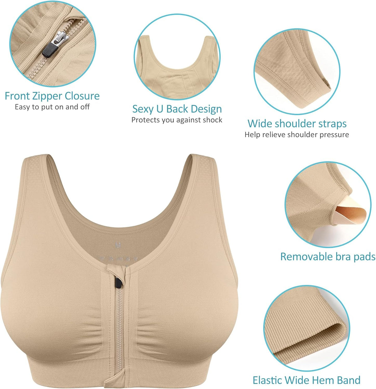 Skiennix Women's Zip Front Sports Bra - Wireless Post-Surgery Support for Active Yoga | Comfortable Fit