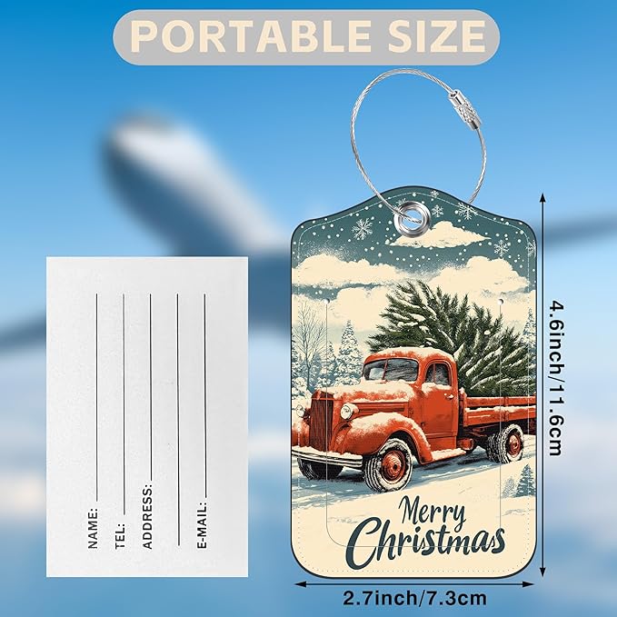 Vintage Red Truck wtih Christmas Tree Set of 2 Luggage Tags for Suitcases Leather Suitcase Tags with Privacy Name Address Label and Stainless Steel Loop for Women Men Travel Luggage Accessories