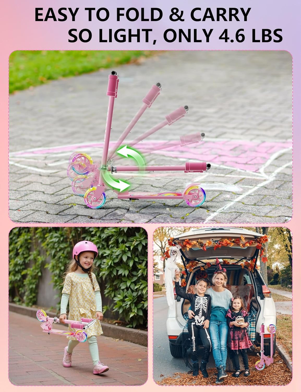 Skiennix Kids Kick Scooter - Adjustable 3-Level Height, LED Light-Up, Lightweight Foldable - Girly Pink
