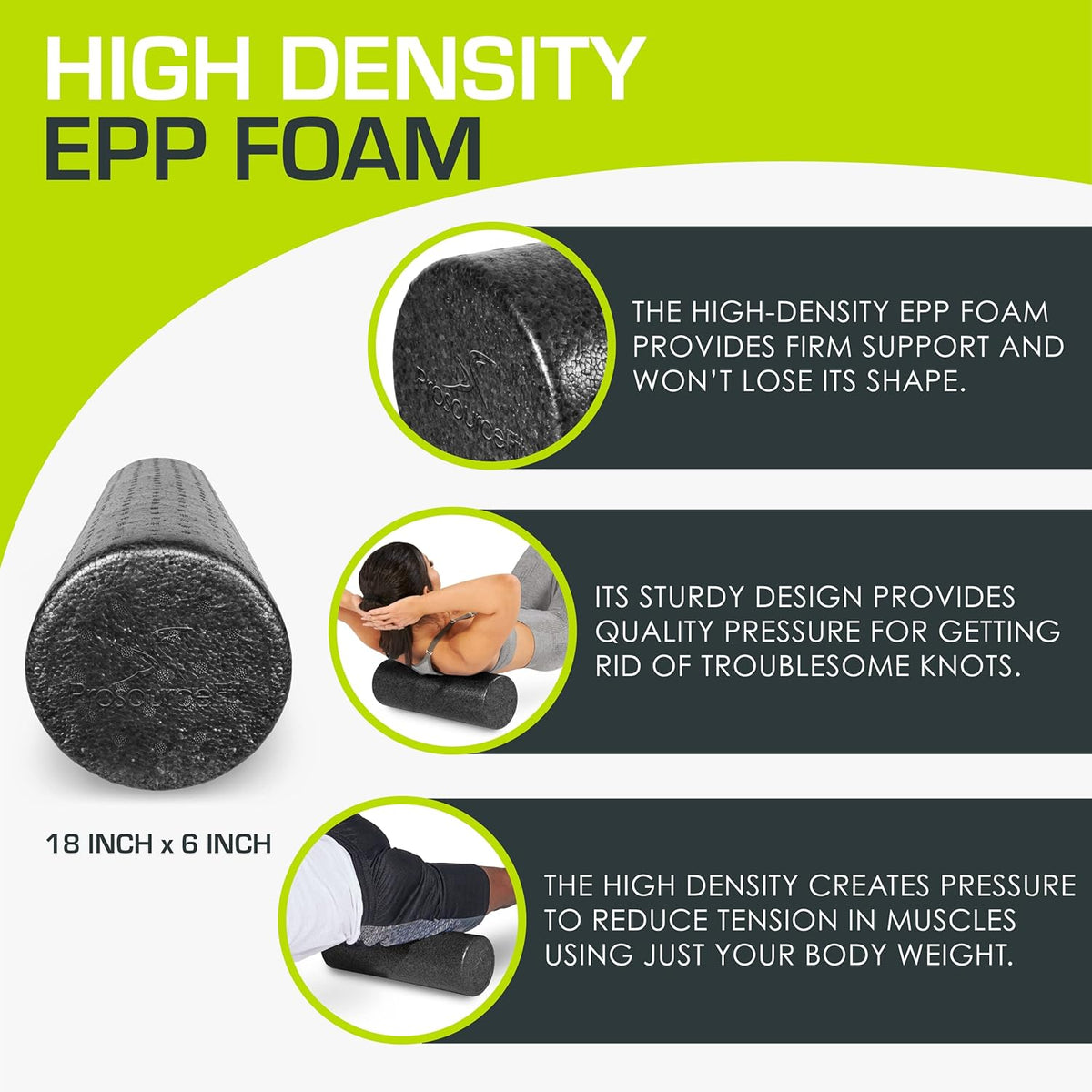 ProsourceFit Foam Roller - 18-Inch Firm Full Body Massage Tool for Yoga & Post-Workout Recovery | Black