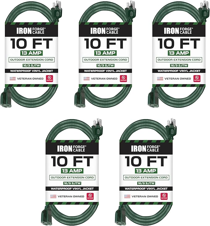 Iron Forge Cable 5 Pack Weatherproof 10 Ft Outdoor Extension Cord - 16/3 SJTW Heavy Duty Green Extension Cord 3 Prong - 13 Amp Exterior Power Cable