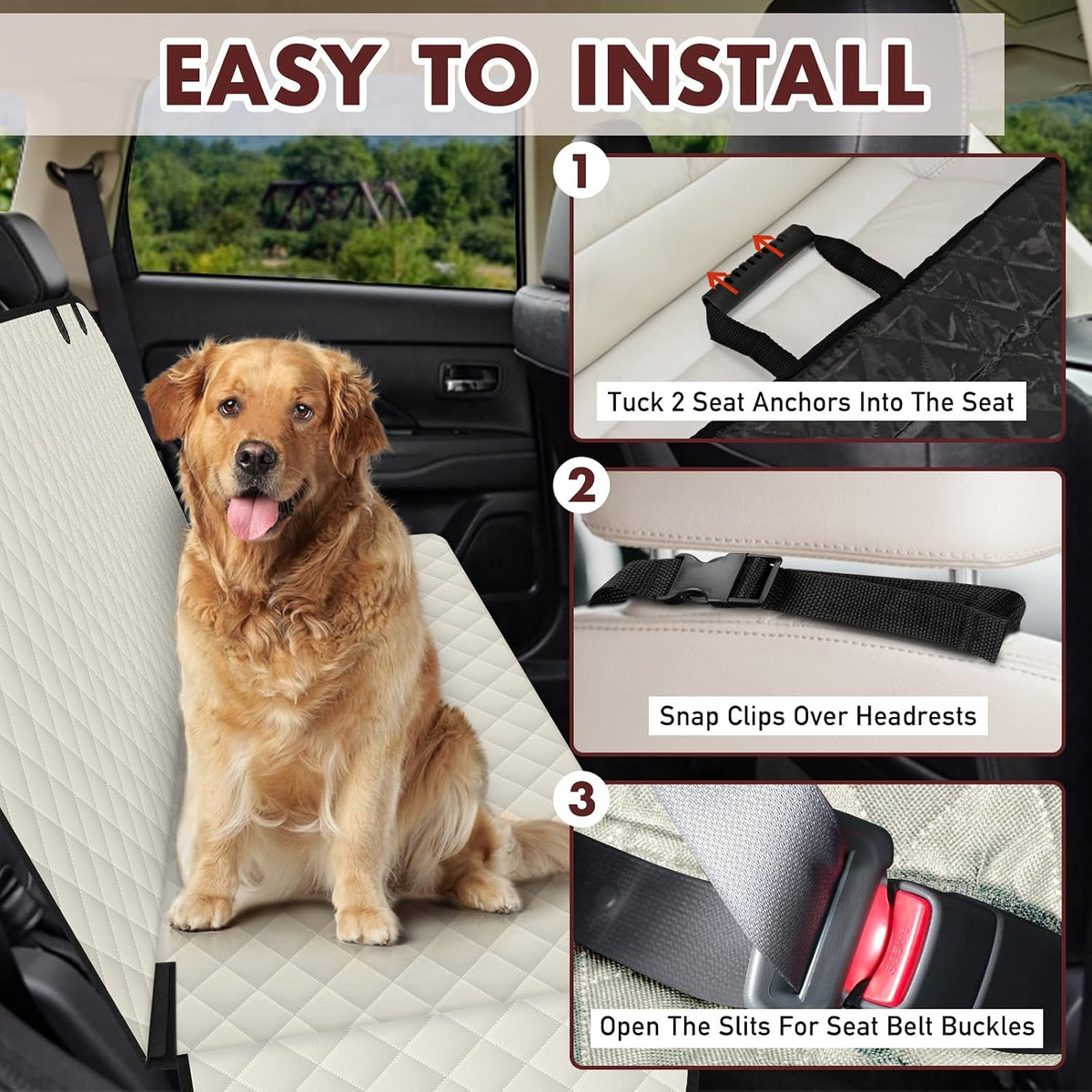 Waterproof Dog Backseat Cover for Cars, Non-Slip Pet Seat Protector, Beige