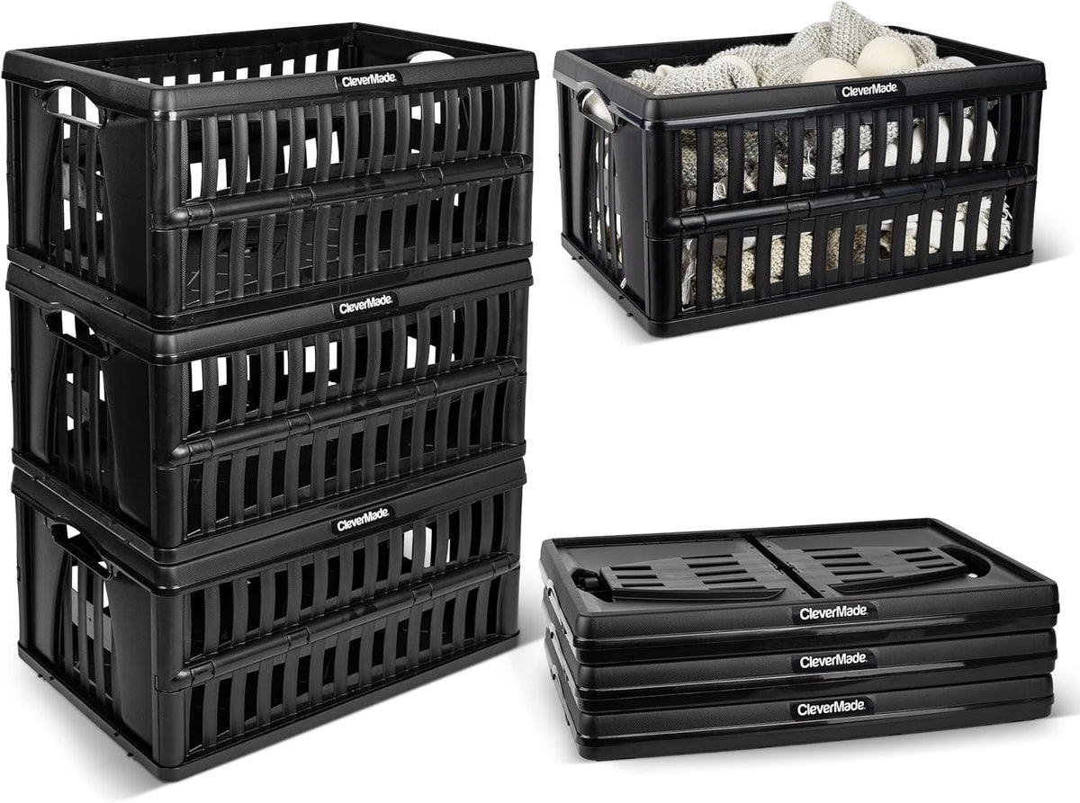 CleverMade Collapsible Utility Crates, 60L Storage Crate, 3 Pack, Obsidian