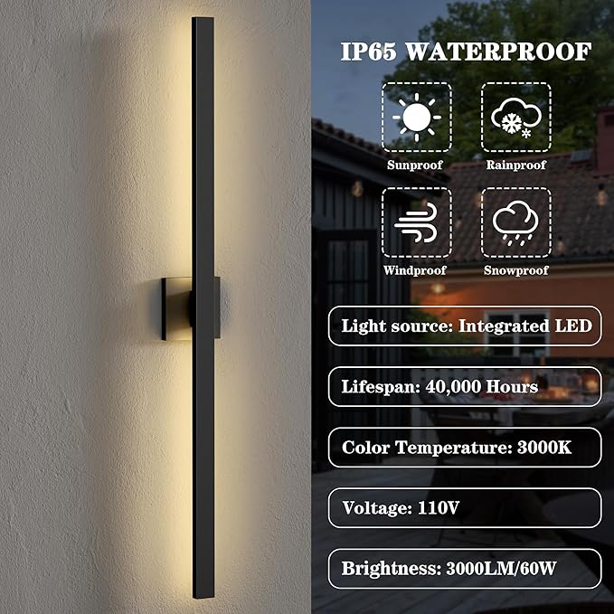 LamQee 47.2 Inch Aluminum Long Outdoor Modern LED Wall Light 3000K 3000LM, Slim Linear Exterior Lighting Fixtures Wall Mount, Waterproof Black Outside Sconce for House Porch Patio Garage Door Yard