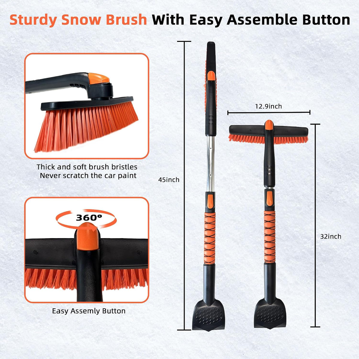 45" Extendable Snow Brush and Ice Scrapers for Car Windshield [360° Rotating Snow Brush Head] Military-Grade Sturdy Ice Scraper for Sedans, SUVs and Trucks Easy Storage Orange