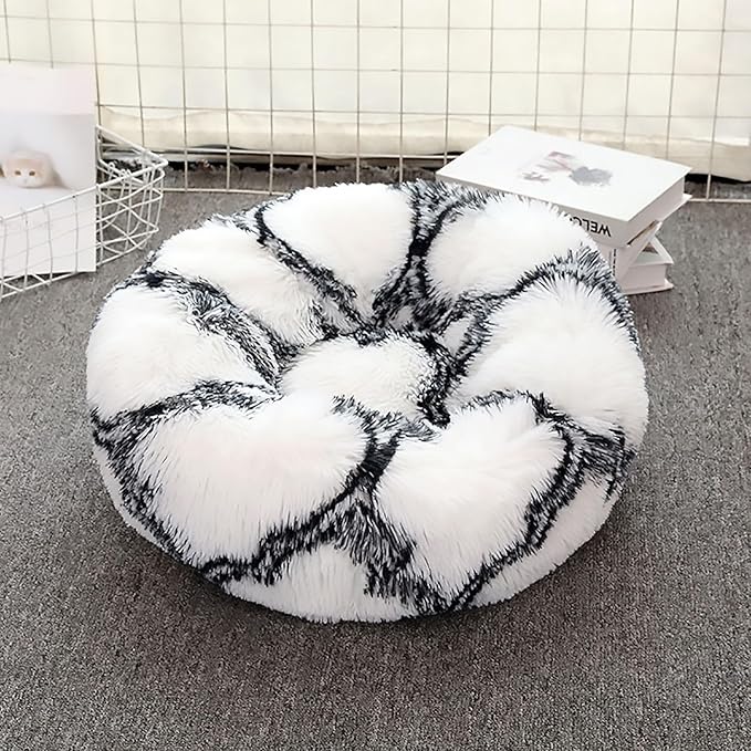 Calming Dog Bed for Small Dogs, Calming Donut Cuddler Pet Bed Anti Anxiety Round Dog Bed Fluffy Plush Faux Fur Cat Bed,Black+White,31.5IN