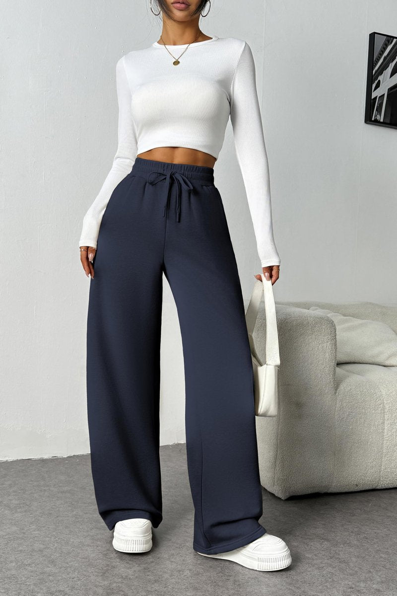 PINSPARK Womens Warm Winter Sweatpants Fleece Lined Wide Leg Sport Pants High Waisted Baggy Athletic Pants Loose Workout Pants with Pockets, Pitch Blue, Small