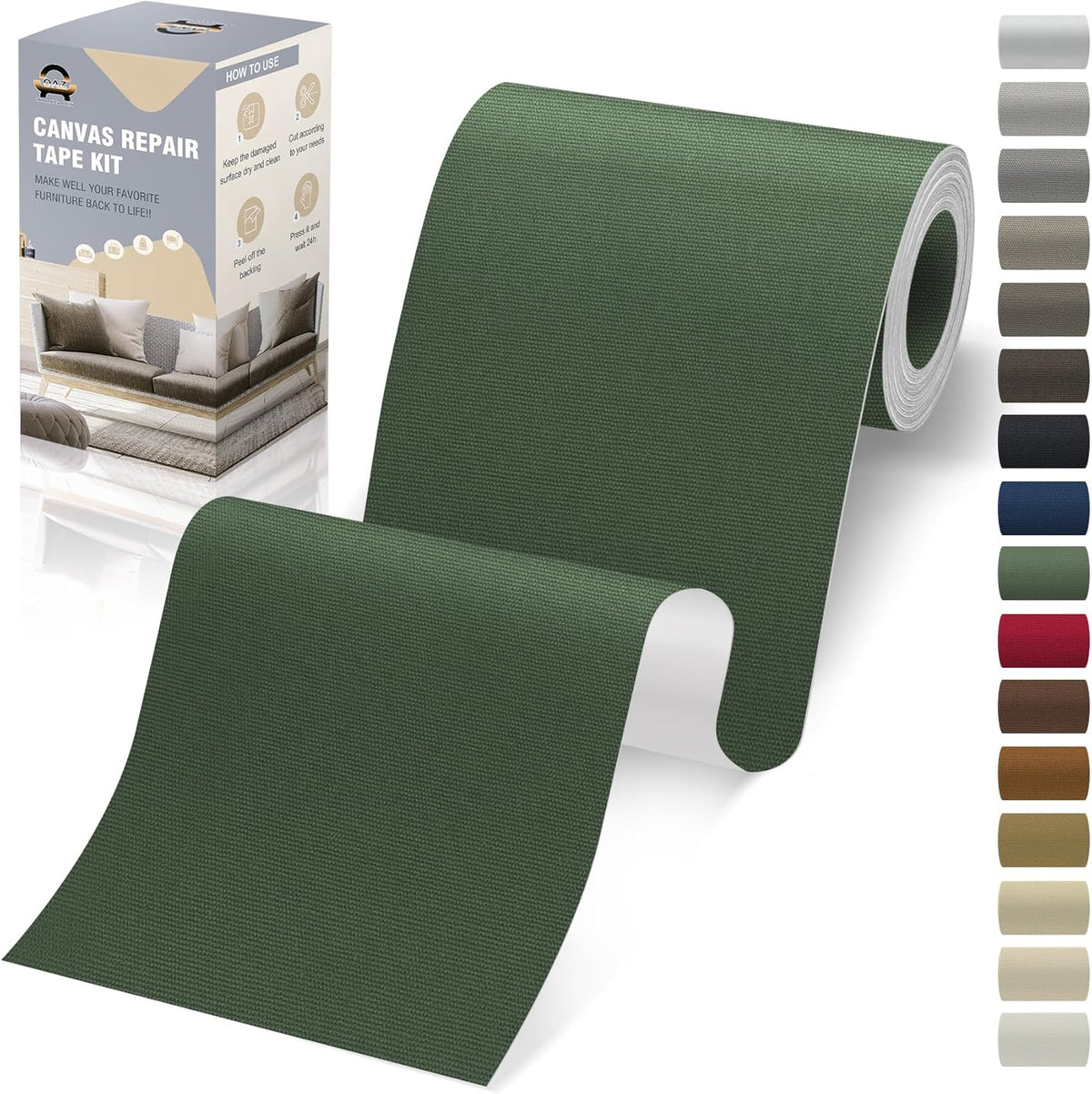 OAZ Canvas Repair Tape - Self-Adhesive Army Green Fabric Patches | 4x79 Inch Waterproof Repair Patch for Furniture, Boats, and Tents