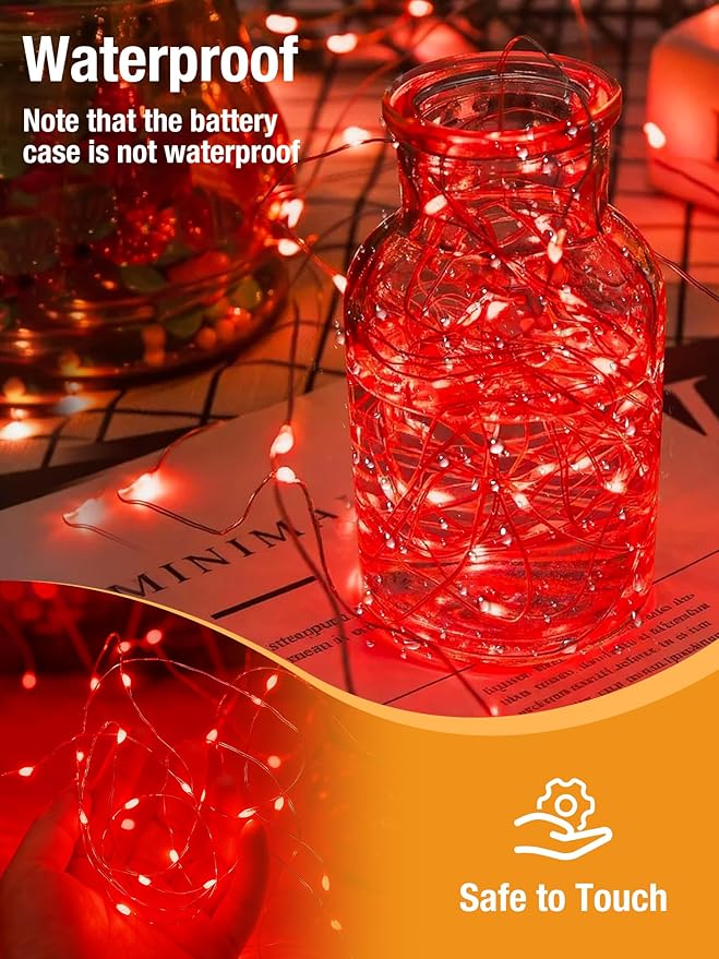 btfarm Valentines Day Fairy Lights Battery Operated with Timer, 16.4 FT 50 LED Silver Wire Twinkle String Lights 8 Modes Dimmable Waterproof for Indoor Home Party Christmas Bedroom Wedding, Red