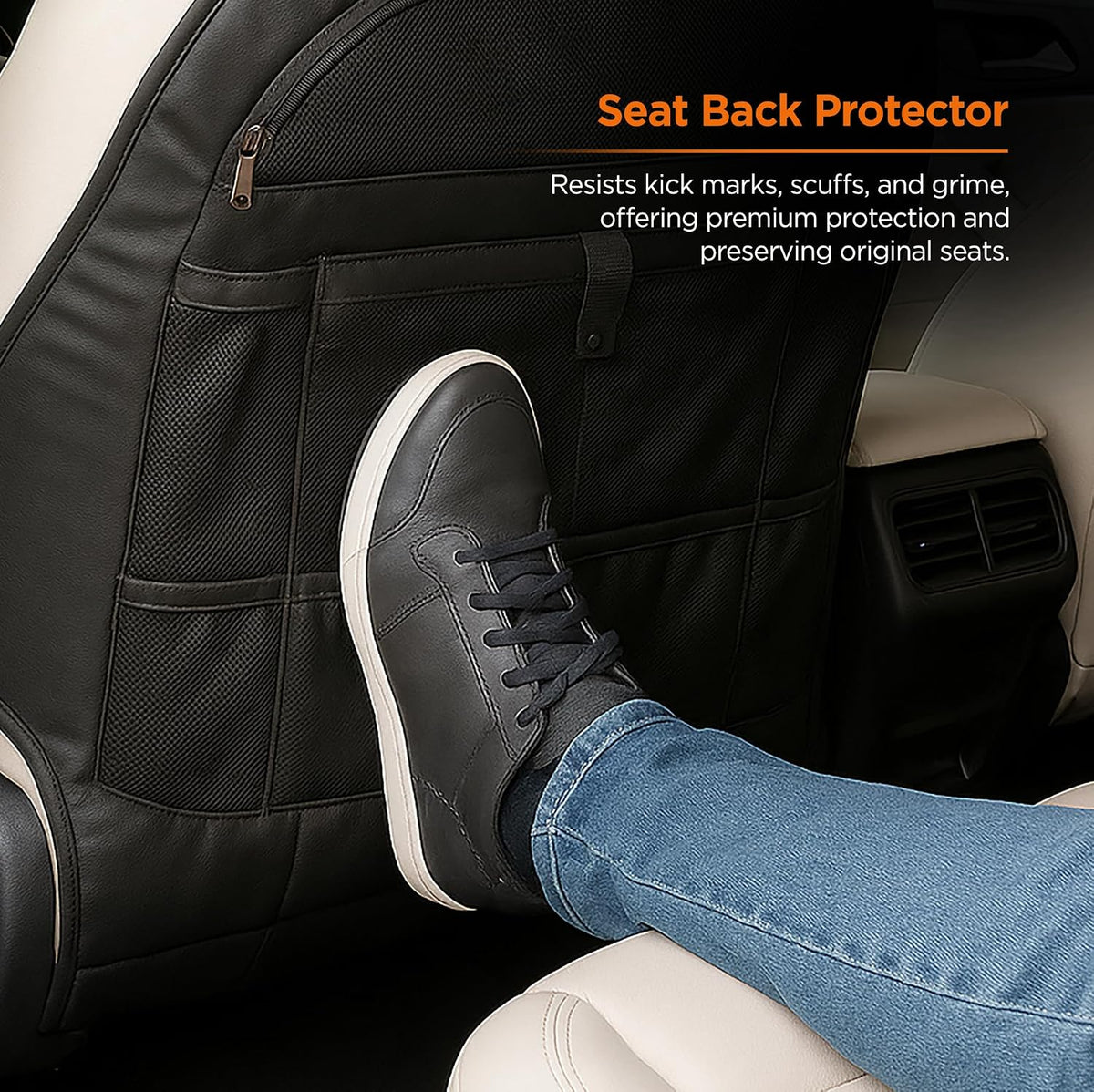 Back Seat organizer for Tesla Model 3 / Model Y (Premium Vegan Leather) Custom fit Car Seat Back Protector with Storage Pockets (Black)