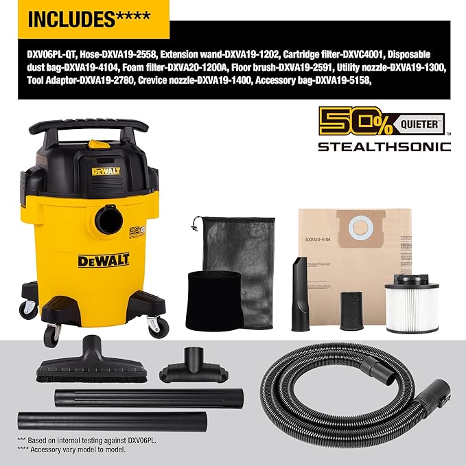 DEWALT 6 Gallon STEALTHSONIC Shop Vacuum Wet and Dry DXV06PL-QT, Ultra Quiet 4 Peak HP Wet Dry Vac for Jobsite & Workshop