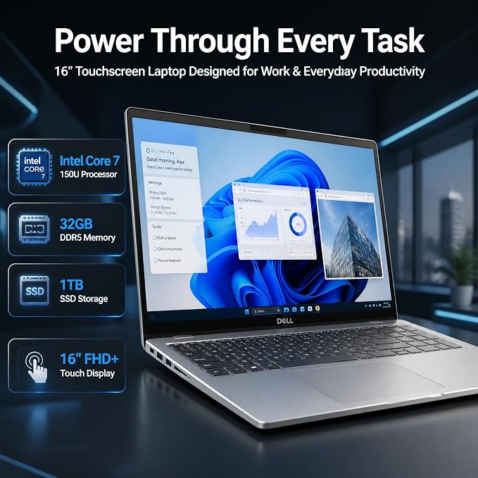 Dell 16 DC16251 Touchscreen Laptop, Intel 10-Core Core 7 150U (Up to 5.4 GHz), 16" FHD+ IPS 300 Nits Display, 32 GB DDR5 RAM, 1 TB SSD, Copilot AI, Fingerprint, Backlit KB, Wi-Fi 6E, Windows 11 Pro