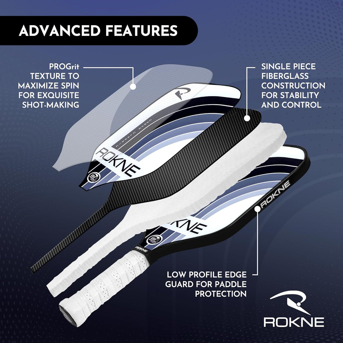 ROKNE Curve Classic Pickleball Paddle - USAPA Approved Fiberglass Design | Precision Engineering & Comfort | ProGrit Texture for Maximum Spin & Power