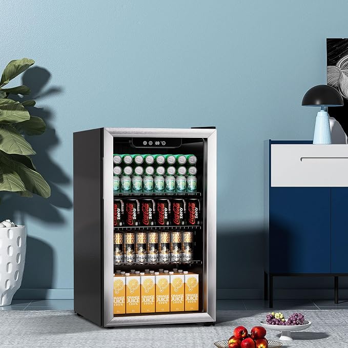 Stopasd Beverage Refrigerator Cooler, 3.0 Cu.Ft/105 Can Drink Fridge with Adjustable Shelves & Glass Door for Soda Wine Beer, Quiet Undercounter Small Fridge for Home/Office/Bar/Garage(37-61 ℉),Sliver