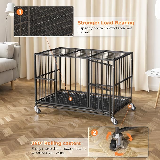 48 Inch Heavy Duty Dog Crate Steel Escape Proof, Indoor Double Door High Anxiety Cage, Removable Tray, Large Dog Kennel with Wheels,XL XXL