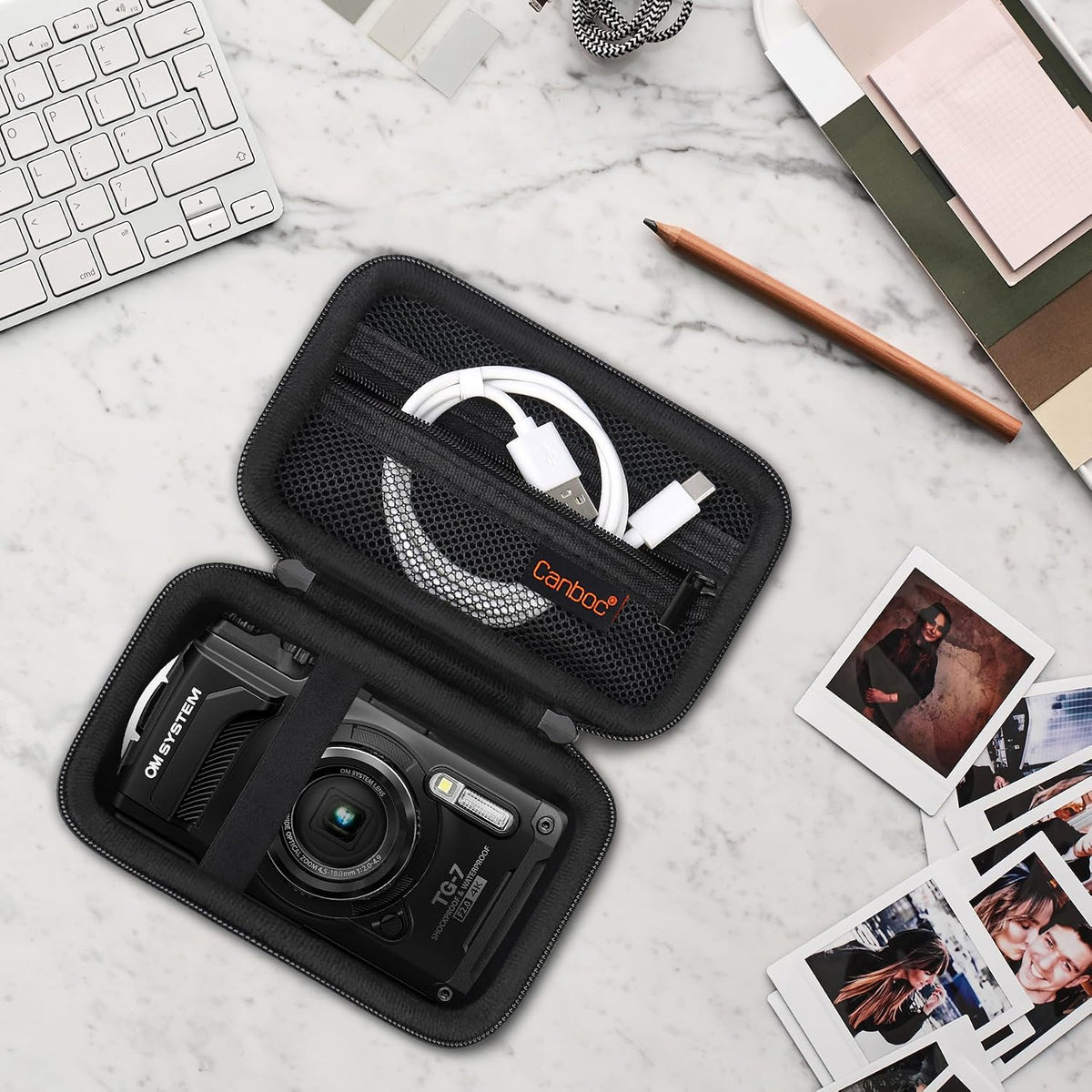 Canboc Carrying Case for OM SYSTEM Tough TG-7/ OM SYSTEM OLYMPUS TG-6 Underwater camera, Waterproof Camera Bag, Zipper Mesh Pocket fits USB Cable, Batteries, Black(Case Only)