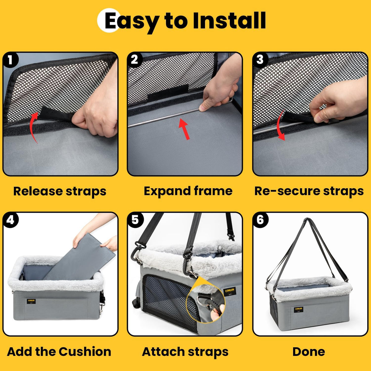 Conlun Dog Car Seat Booster for Small Pet Under 20lbs, Portable Travel Puppy Car Seat with Internal Steel Frame, Comfort Cushion & Storage Pockets, Adjustable Straps Fit Most Cars, Grey