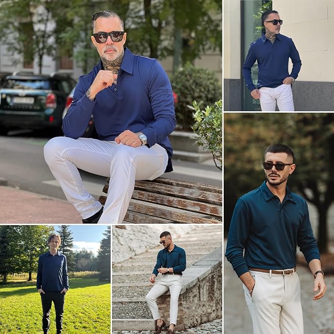 Deyeek Men's Polo Shirts Long Sleeve Golf Polo Shirts for Men Quick Dry UPF 50+ Sun Protection Polos Casual Collared Shirts