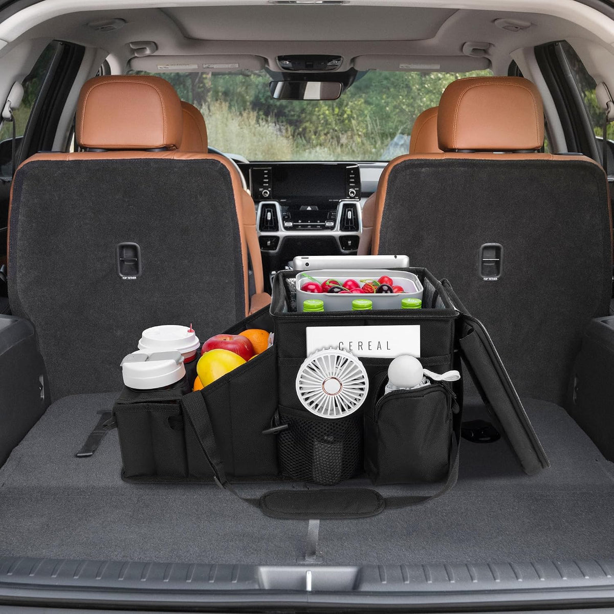 Car Hop Front Seat Organizer with Cup Holder, Movable Divider & Side Pockets, Passenger Seat Storage Caddy for Road Trip, Travel, Work or Kids, Fits Cars Trucks SUVs