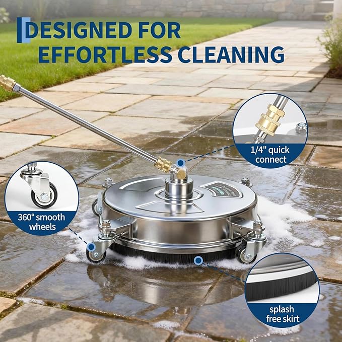 14" Pressure Washer Surface Cleaner with 4 Wheels, Stainless Steel Surface Cleaner for Pressure Washer Attachment for Patio, Sidewalk, Deck and Driveways