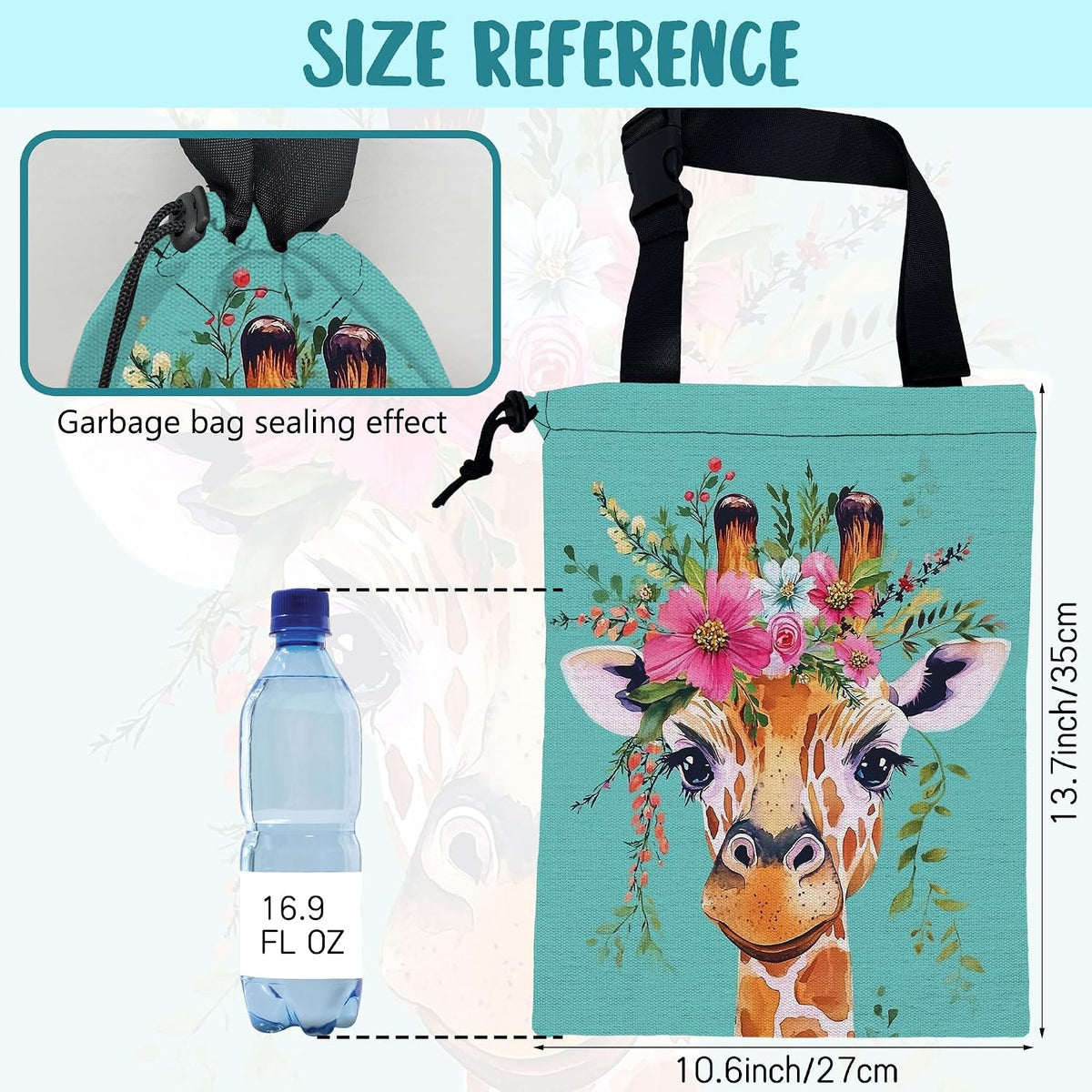 Car Trash Bag Watercolor Giraffe and Floral Hanging Drawstring Car Organizer and Storage Bag with Adjustable Buckle Canvas Garbage Bin for Back Seat or Hanging Headrest Car Decor