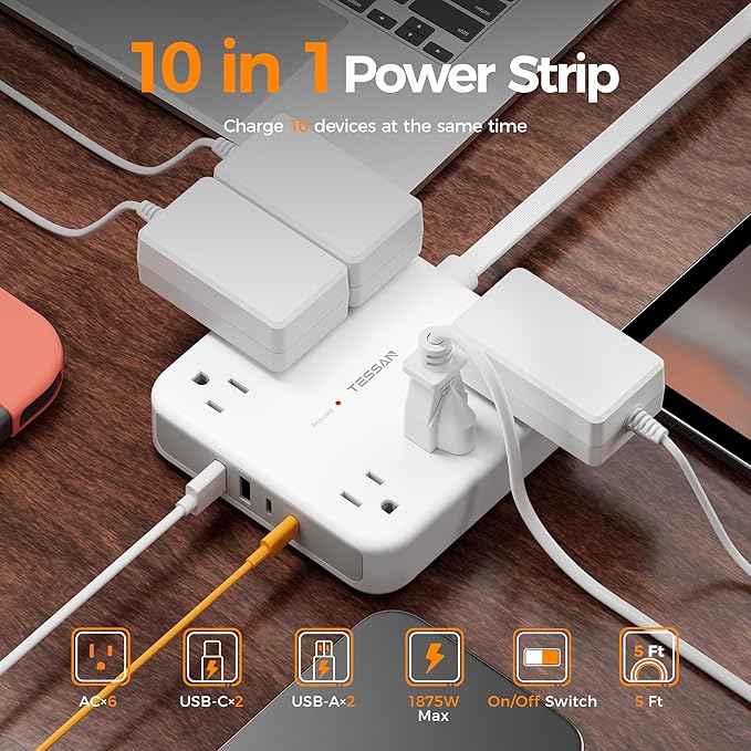 TESSAN 5Ft Grey Extension Cord with Multiple Outlets, 2100J Surge Protector Power Strip with 6 Outlets and 4 USB Ports (2 USB C), 1875W 15A, 20W Multi Outlet Extender for Home, Office, Dorm