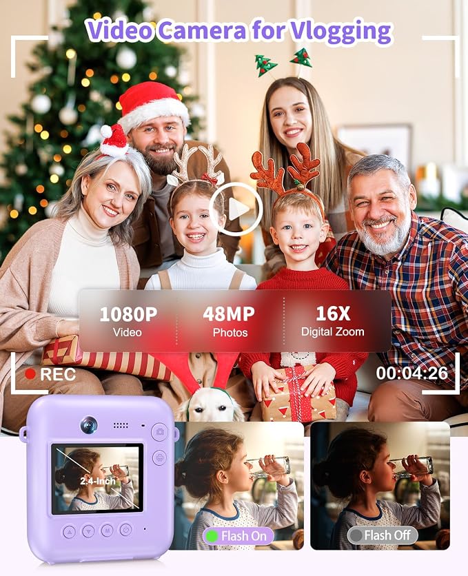 Digital Camera for Kids Instant Print, 48MP Dual-Lens Kids Camera for Girls