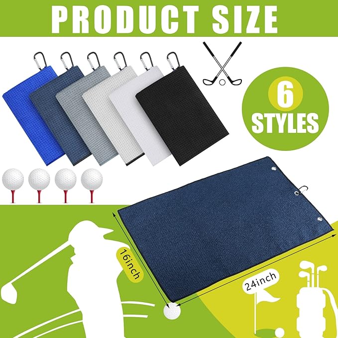 Cindeer 6 Pack Large Golf Towels, 16" x 24" Tri-fold Golf Towels, Microfiber Fabric Waffle Pattern Golfing Towel Portable with Heavy Duty Clip for Golfing Bag Remove Sand Dirt Mud Sweat(Multicolor)