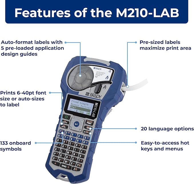 Brady M210-LAB Portable Label Printer, 9.5 in H x 4.5 in W x 2.5 in D