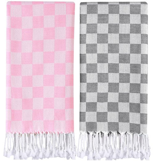 2 Packs Checkered Plaid Yoga Gym Turkish Towel for Spa Bath Beach Blanket Quick Dry Lightweight Absorbent Gym Gear Essentials Running Accessories Excise Must Haves Workout Stuff Walking Gadgets