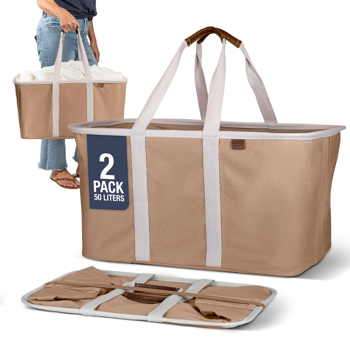 CleverMade Collapsible Laundry Tote 2-Pack (50L) – Foldable Carry-All Storage Bin for Laundry, Car Trunk, RV, Dorm & Home Organization – LUXE Cotton Blend with Vegan Leather Accents, Cream