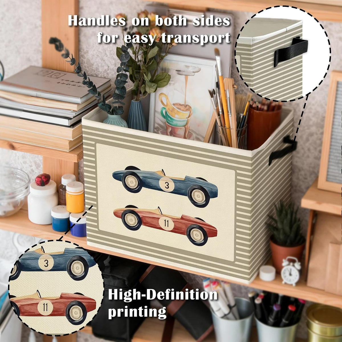 Race Car Boy Nursery Storage Bins Box with Handles, Vintage Race Car Neutral Striped Collapsible Basket Organizer for Kids Toddler Boys Room Bedroom Playroom Bathroom Toys Books Clothes