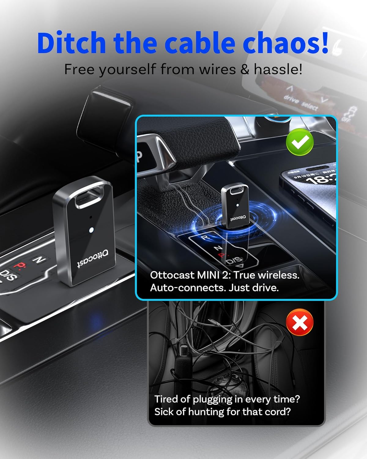 OTTOCAST Mini 2 in 1 Wireless Carplay Adapter & Wireless Android Auto Adapter for Apple iPhone Samsung or Other AndroidPhone, USB Bluetooth Car Accessories for OEM Wired Carplay/Android Auto Cars