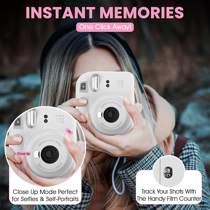 Fujifilm Instax Mini 12 Instant Camera Clay White + Minimate Custom Designed