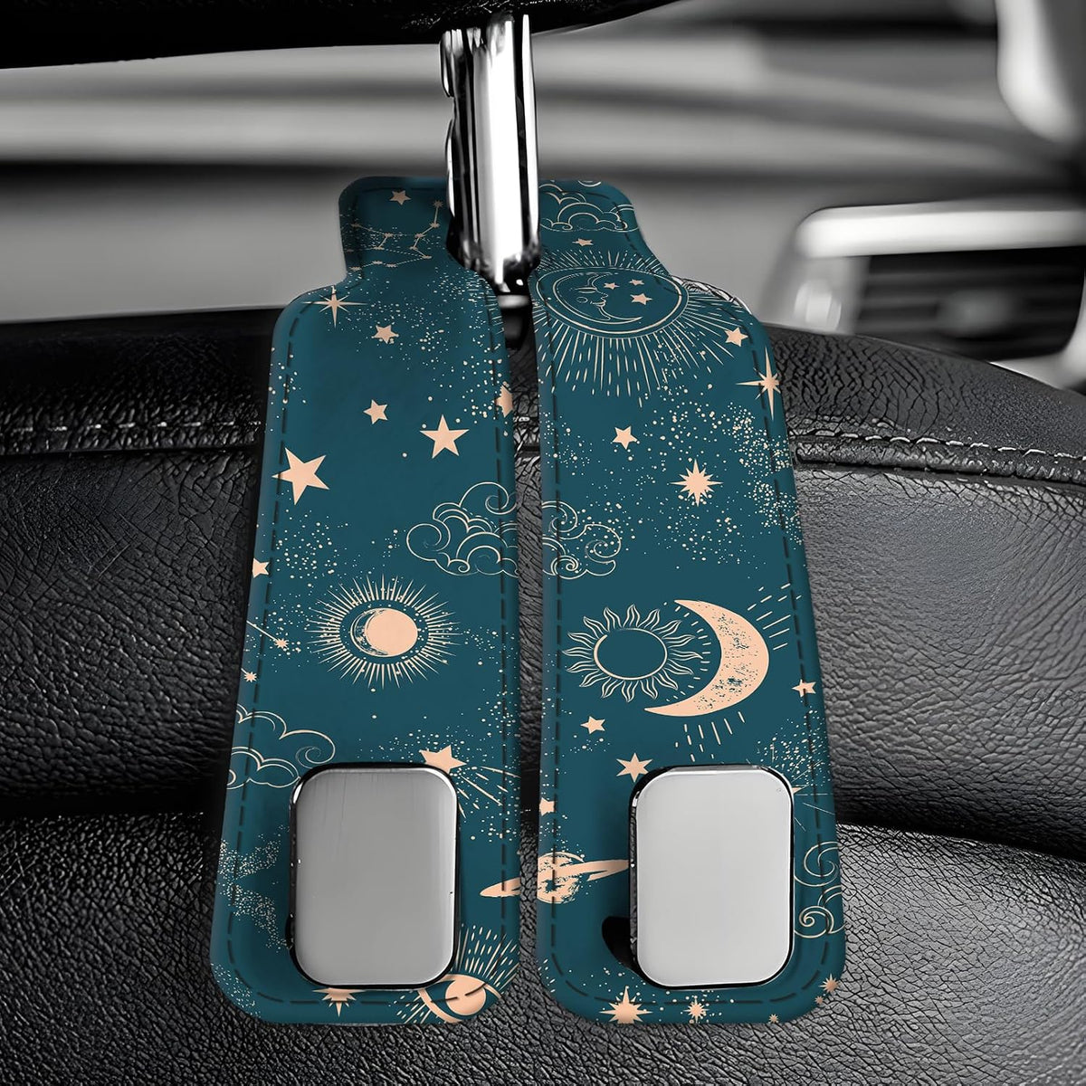 Car Seat Back Storage Headrest Hook, Premium Leather Double Metal Hook, Hanger Storage Organizer for Purse Cloth Bag, Car Interior Accessories Cute Blue Sun Boho