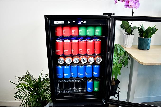 Frigidaire Beverage Refrigerator, Fridge with Glass Door, Compact Mini Fridge with Digital Temperature Control, Fits 115 Cans or 34 Bottles, 96L Capacity - 19.1" D x 17.5" W x 31.2" H