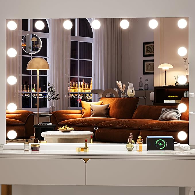 Hasipu Hollywood Vanity Mirror with Lights, 32" x 22" Makeup Mirror with 15 Dimmable LED Bulbs 3 Color Modes & Detachable, 5X Magnifying Glass, Touch Control, USB and Type-C, Tempered Glass