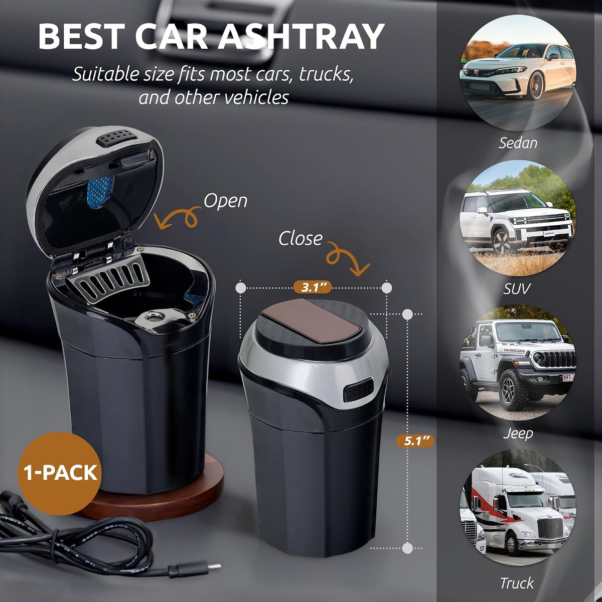 TAKAVU Car Ashtray, Detachable Stainless Lid, Blue LED & Lighter (Silver) | Easy Clean-Up Detachable Ashtray, Fits Most Vehicle Cup Holders, Removable Lighter & Illuminated Lid