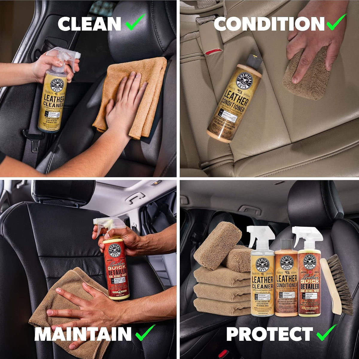 Chemical Guys, 9-Piece Leather Cleaner &amp; Conditioner Kit for Car Interiors | Cleans then conditions seats, furniture, jackets and boots, brushes and towels included for many leather types
