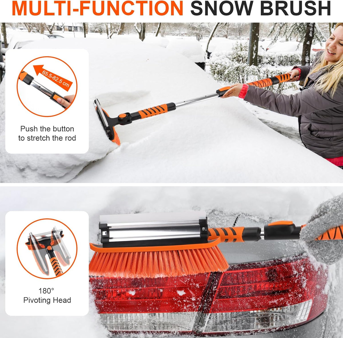 COMOWARE Extendable Snow Brush for Car, Ice Scrapers for Car Windshield Combo Kit with 270° Pivoting Head, 6-in-1 Snow Removal Tool with Snow Shovel Snow Scraper for Car, Truck, SUV, Winter Car Kit