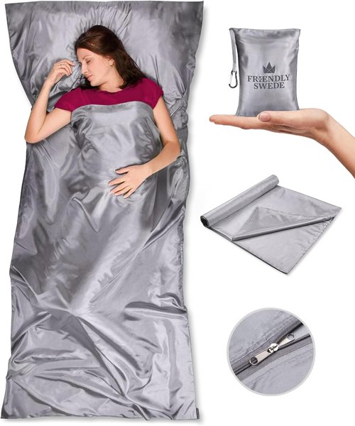 Friendly Swede Sleeping Bag Liner - Ultralight Polyester or Microfiber Adult Sleep Sack | Travel Sheets with Pocket-Sized Stuff Sack