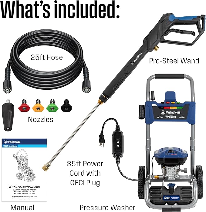 Westinghouse WPX2700e Electric Pressure Washer, 2700 Max PSI and 1.76 Max GPM, Induction Motor, Onboard Soap Tank, Spray Gun and Wand, 5 Nozzle Set, for Cars/Fences/Driveways/Homes/Patios/Furniture
