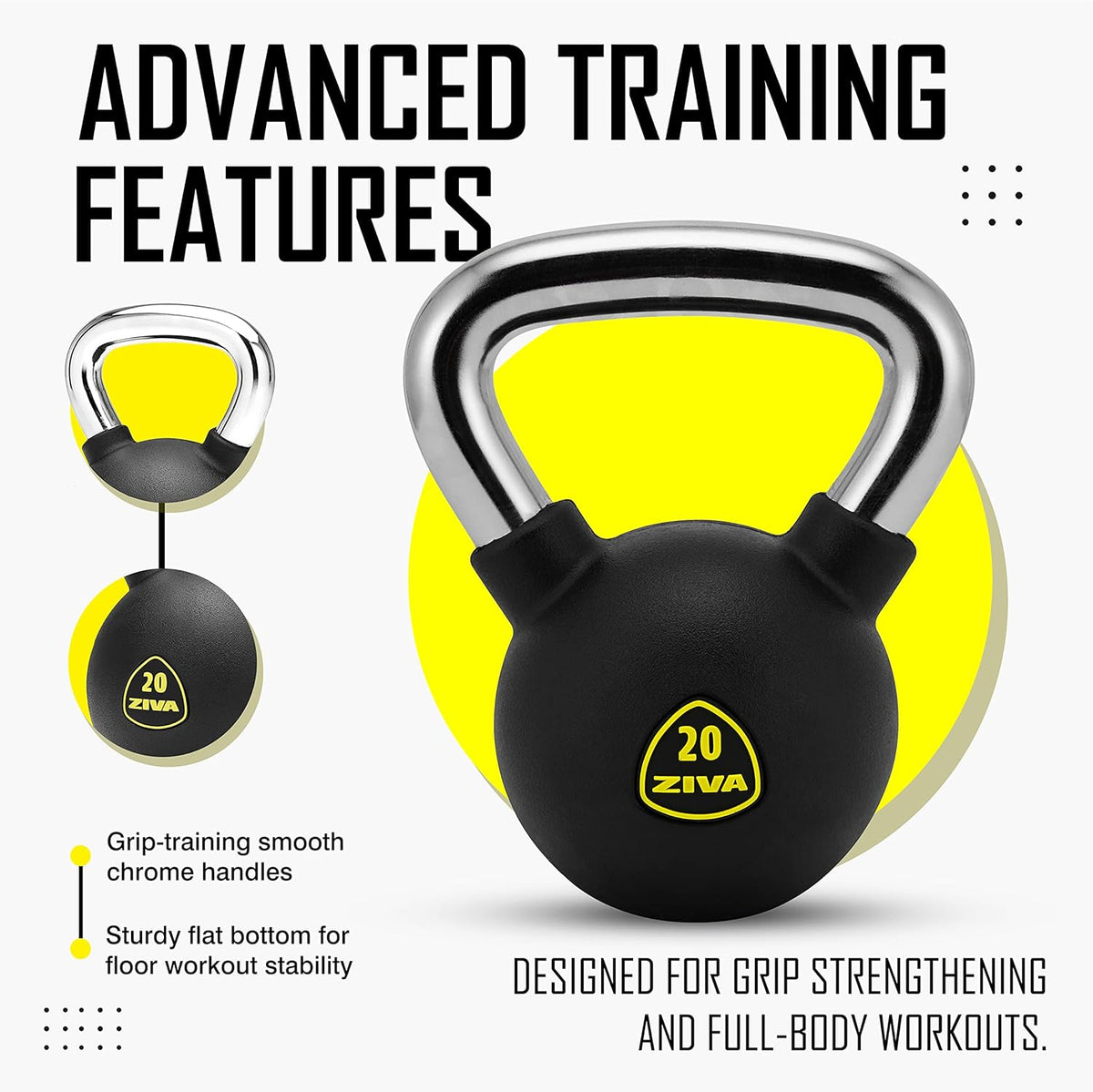 ZIVA Premium Kettlebell - Commercial Grade Rubber Urethane Coated Weights for Home Gym | 5-50 lbs
