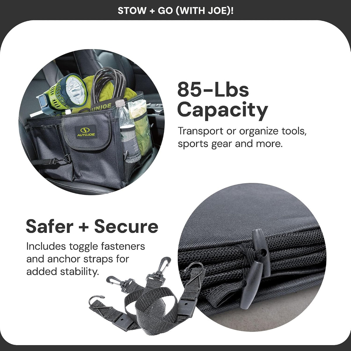 Auto Joe Collapsible Car Trunk Organizer, Storage Caddy with Adjustable Straps, Black - Portable Organization for Automotive Accessories, Cargo, Gear, and Essentials, ATJ-CTSO-BLK