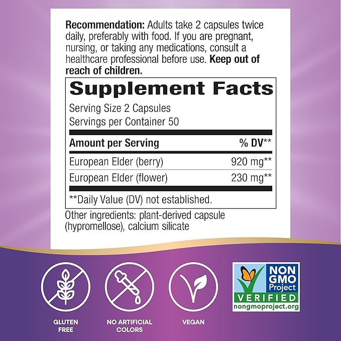 Nature's Way Black Elderberry Supplement, Traditional Immune Support*, With Elderberry and Elderflower, Plant Powered, 100 Capsules (Packaging May Vary)