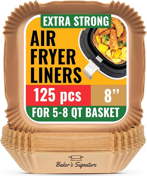 Baker's Signature Air Fryer Paper Liners - 125 Pcs Non-Stick & Oil Proof | 8” Square for 5-8 Qt Baskets