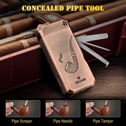 KEJIAR Pipe Lighter with Pipe Stand, 3 Collapsible Pipe Cleaning Tools, 4 in 1 Soft Flame Lighter, Refillable Butane, Men's Pipe Set Gift (Bronze Color)