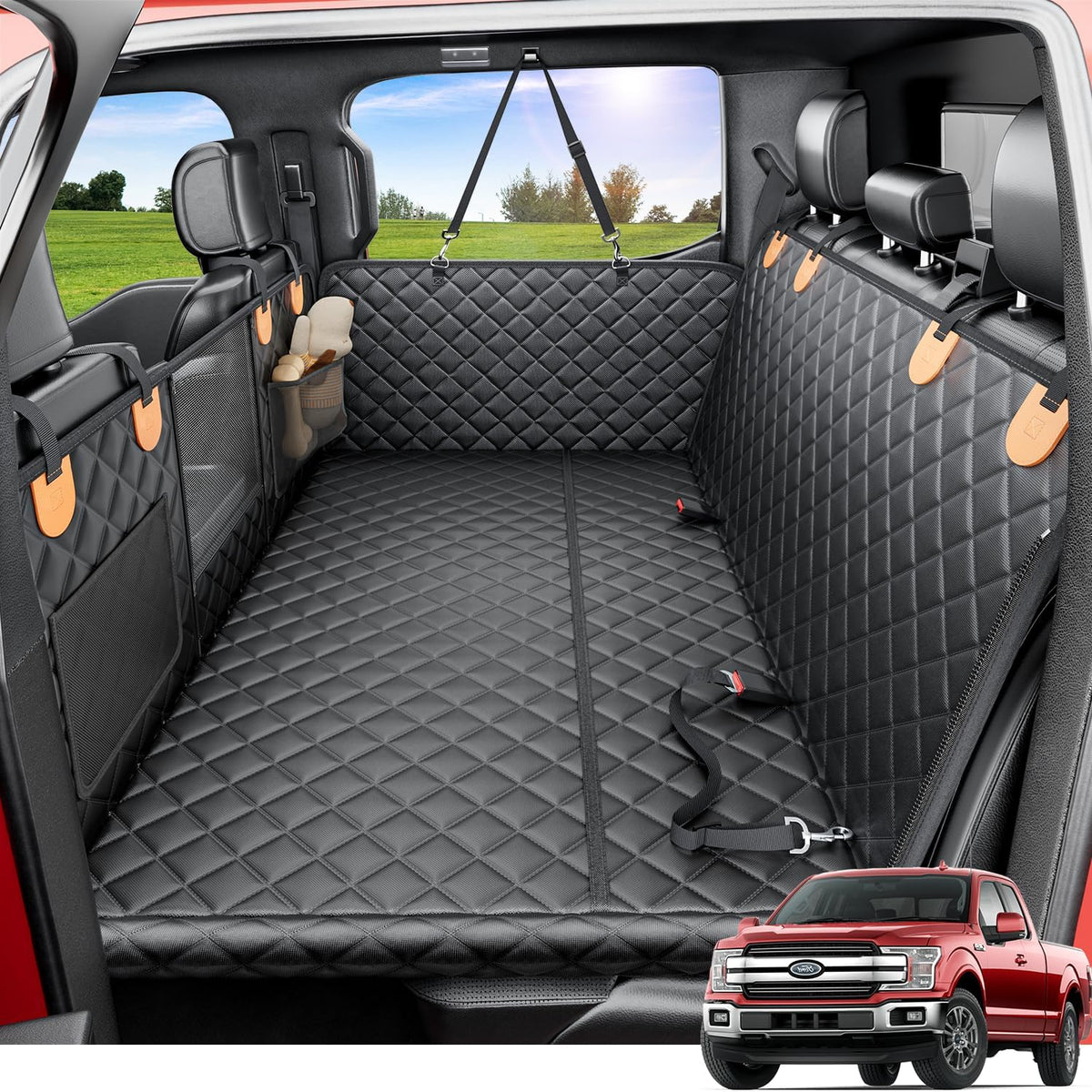 REEVAA Dog Truck Seat Cover for Back Seat, Hard Bottom Dog Hammock for Car, Pet Bed Extender for 2-4 Large Dogs, Waterproof Seat Protector, Universal XL Size Fits for Crew Cab Truck/SUV, Black+Orange